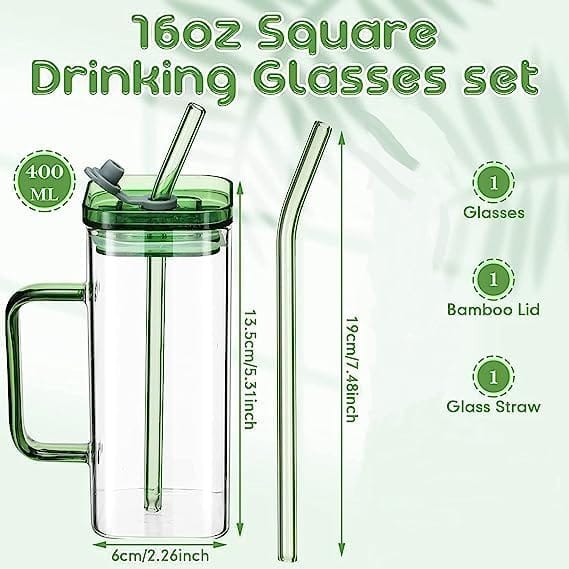 🍇400ml  Square smoothie glass cup with matching straws now available in 6 colours (2 designs - good morning with bamboo lids; unbranded matching colours acrylic lids)