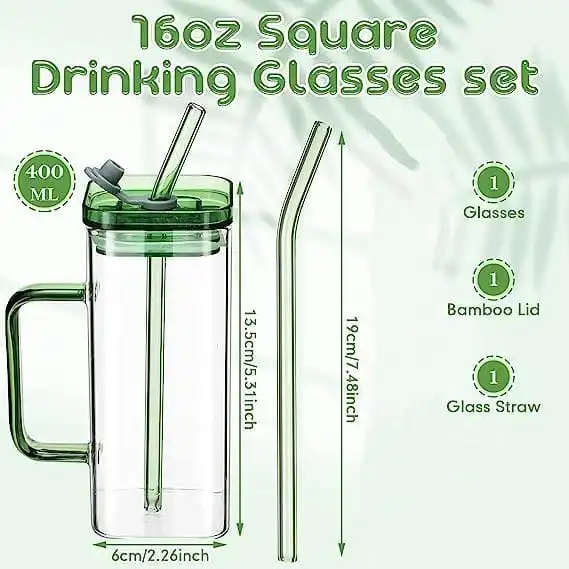 🍇400ml  Square smoothie glass cup with matching straws now available in 6 colours (2 designs - good morning with bamboo lids; unbranded matching colours acrylic lids)