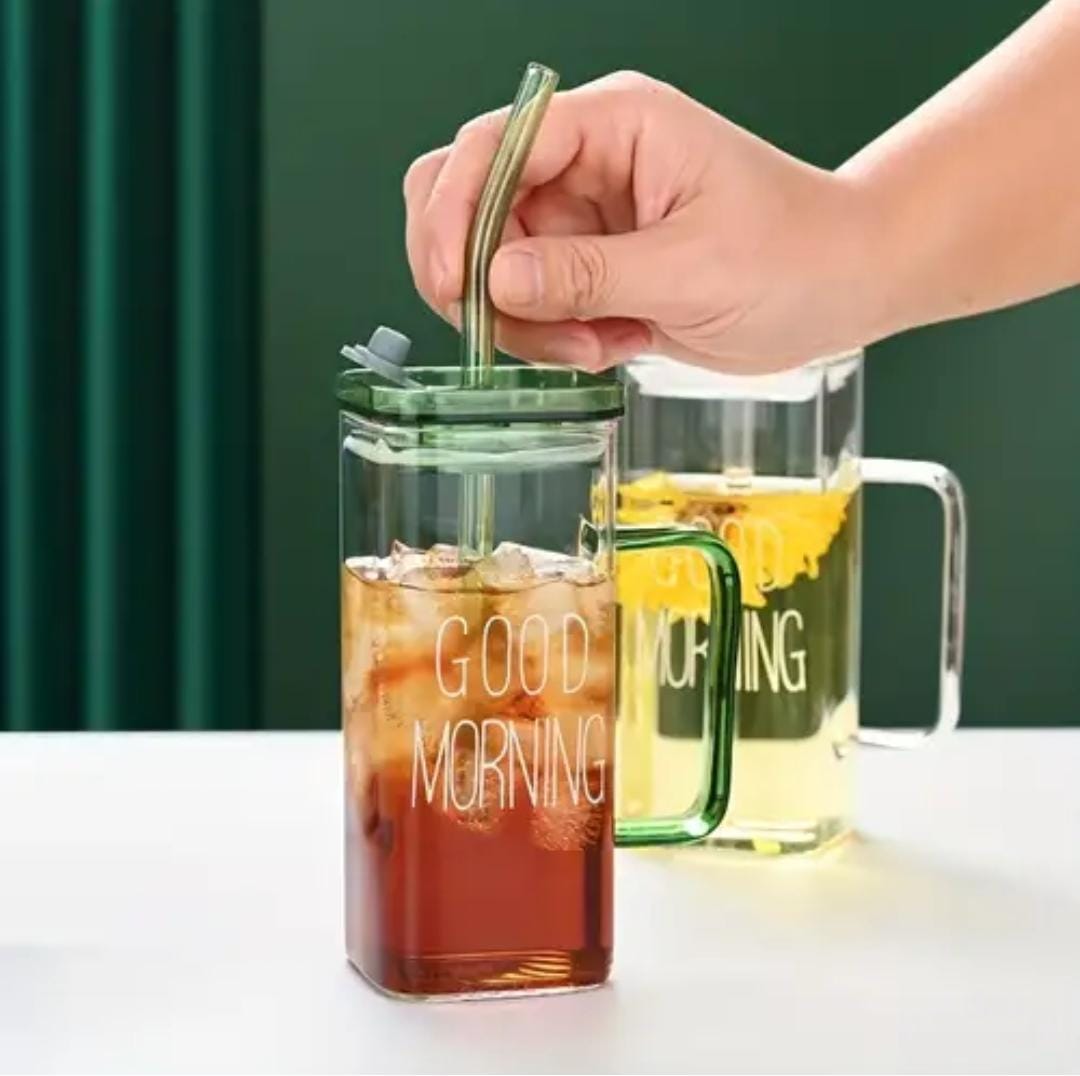 🍇400ml  Square smoothie glass cup with matching straws now available in 6 colours (2 designs - good morning with bamboo lids; unbranded matching colours acrylic lids)