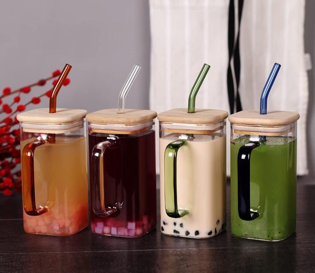 🍇400ml  Square smoothie glass cup with matching straws now available in 6 colours (2 designs - good morning with bamboo lids; unbranded matching colours acrylic lids)