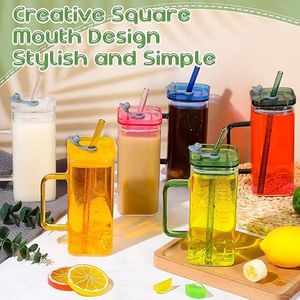🍇400ml  Square smoothie glass cup with matching straws now available in 6 colours (2 designs - good morning with bamboo lids; unbranded matching colours acrylic lids)