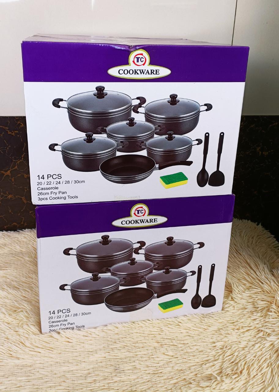TC 14 Pieces Non-Stick Black Coated Cooking Pot/Sufuria Set  Non-Toxic Non-stick‎.‎
Elegance look
Durable
Back lite handles for fire resistance‎,‎