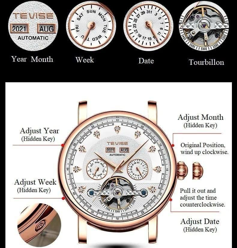BACKINSTOCK!!
🕰🎩TEVISE AUTOMATIC GENTS WATCH
❇Automatic Movement
❇Day,Date,month,Year Display
❇Luminous
❇Tourbillon Machine
❇Water resistant
❇Leather strap