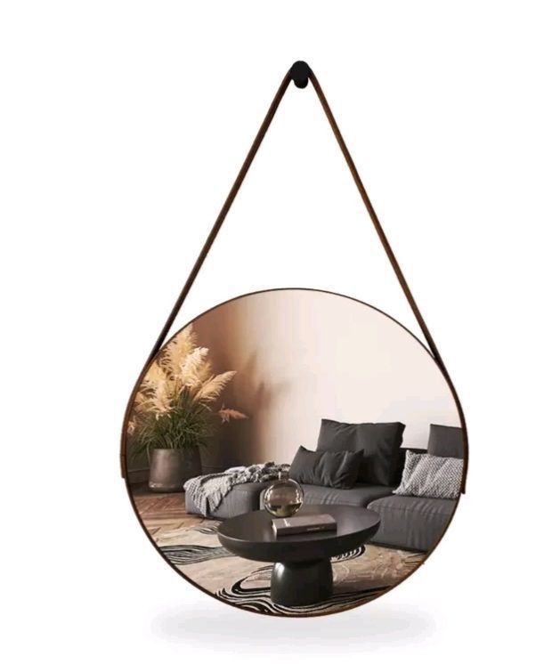 Minimalist Nordic Round  Decorative Mirror With A Leather Strap
🔺Available in gold and black 
🔺Diameter 60cm with Rope 70cm