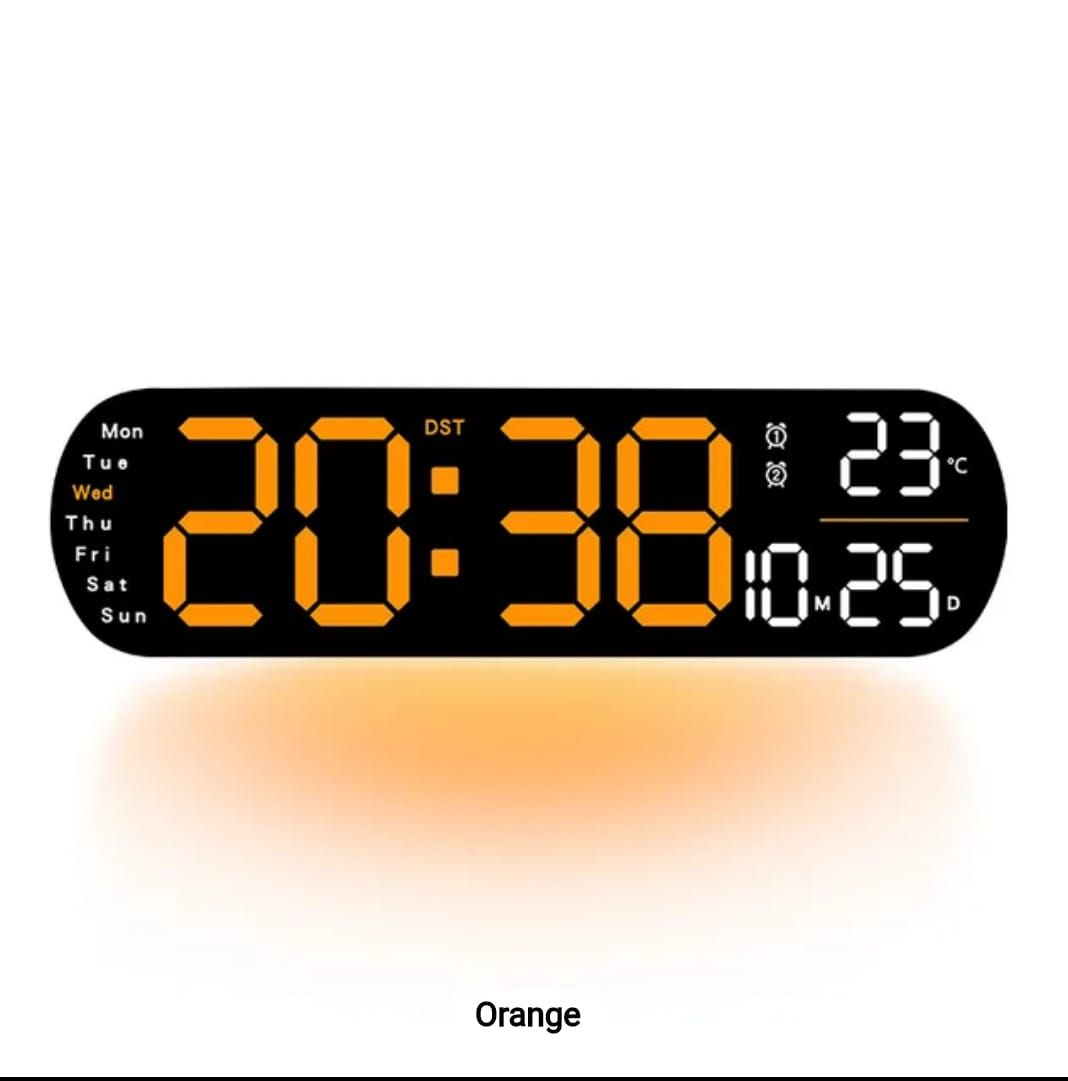 Smart Led Digital Wall Clock. 
➖Remote control 

➖Auto Dimmable

 
➖Time 24hr/12hr

➖2 Alarms

➖Stop Watch

➖Temperature 

➖Date Display

➖Advanced time settings 
➖Has downlight for night vision