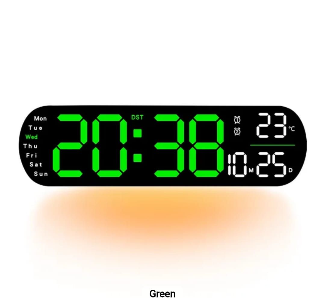 Smart Led Digital Wall Clock. 
➖Remote control 

➖Auto Dimmable

 
➖Time 24hr/12hr

➖2 Alarms

➖Stop Watch

➖Temperature 

➖Date Display

➖Advanced time settings 
➖Has downlight for night vision