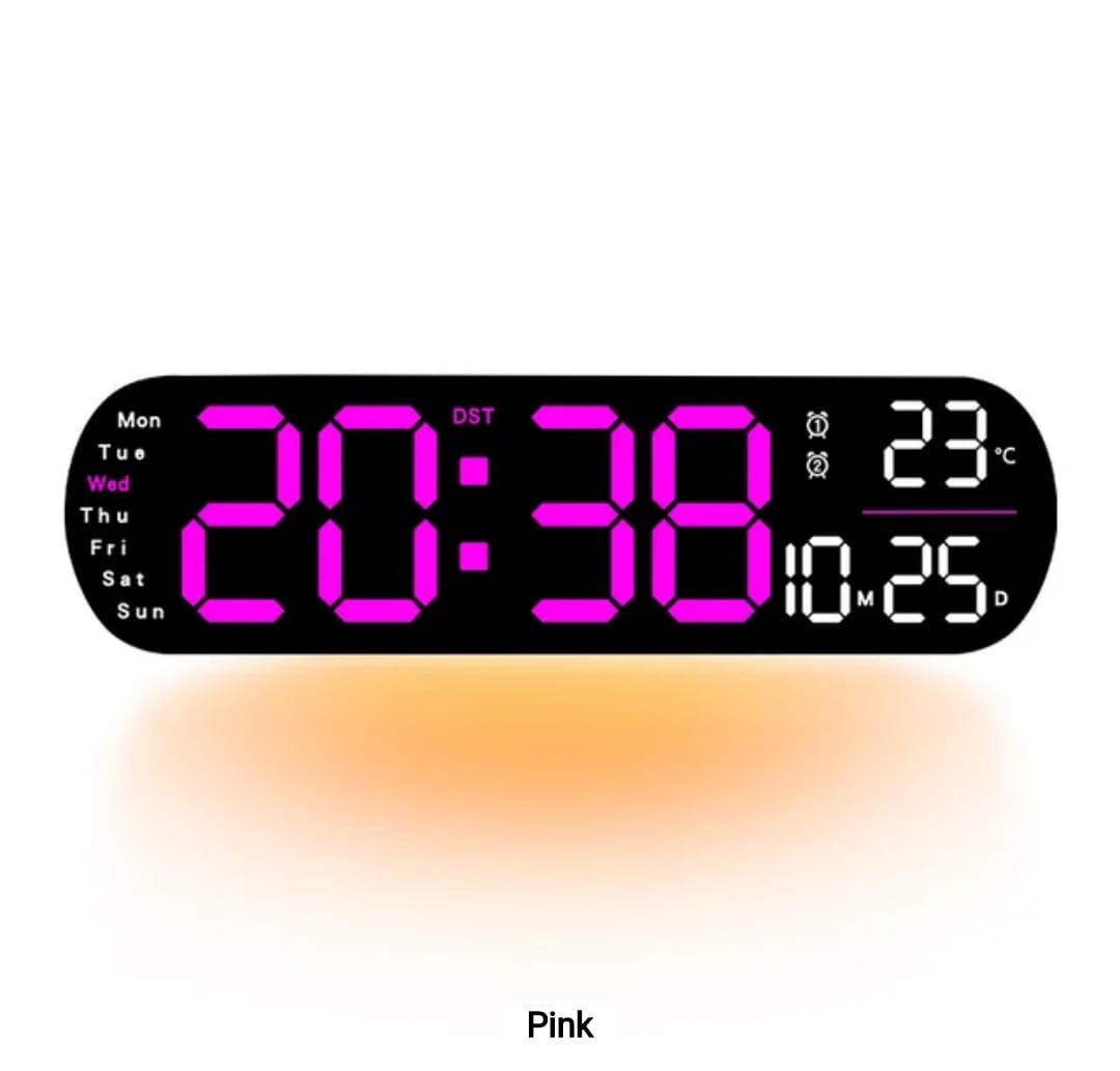 Smart Led Digital Wall Clock. 
➖Remote control 

➖Auto Dimmable

 
➖Time 24hr/12hr

➖2 Alarms

➖Stop Watch

➖Temperature 

➖Date Display

➖Advanced time settings 
➖Has downlight for night vision
