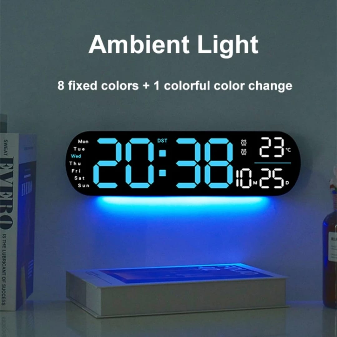 Smart Led Digital Wall Clock. 
➖Remote control 

➖Auto Dimmable

 
➖Time 24hr/12hr

➖2 Alarms

➖Stop Watch

➖Temperature 

➖Date Display

➖Advanced time settings 
➖Has downlight for night vision