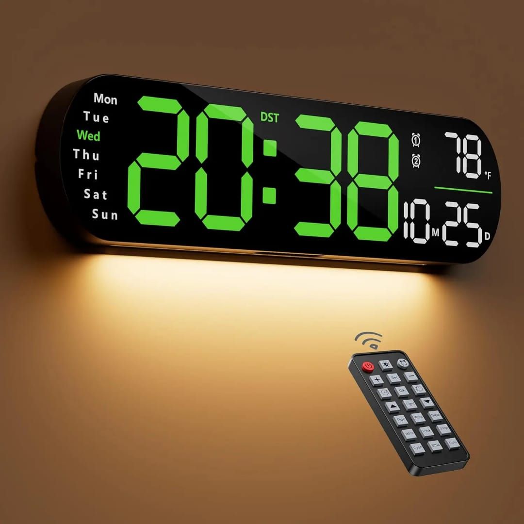 Smart Led Digital Wall Clock. 
➖Remote control 

➖Auto Dimmable

 
➖Time 24hr/12hr

➖2 Alarms

➖Stop Watch

➖Temperature 

➖Date Display

➖Advanced time settings 
➖Has downlight for night vision