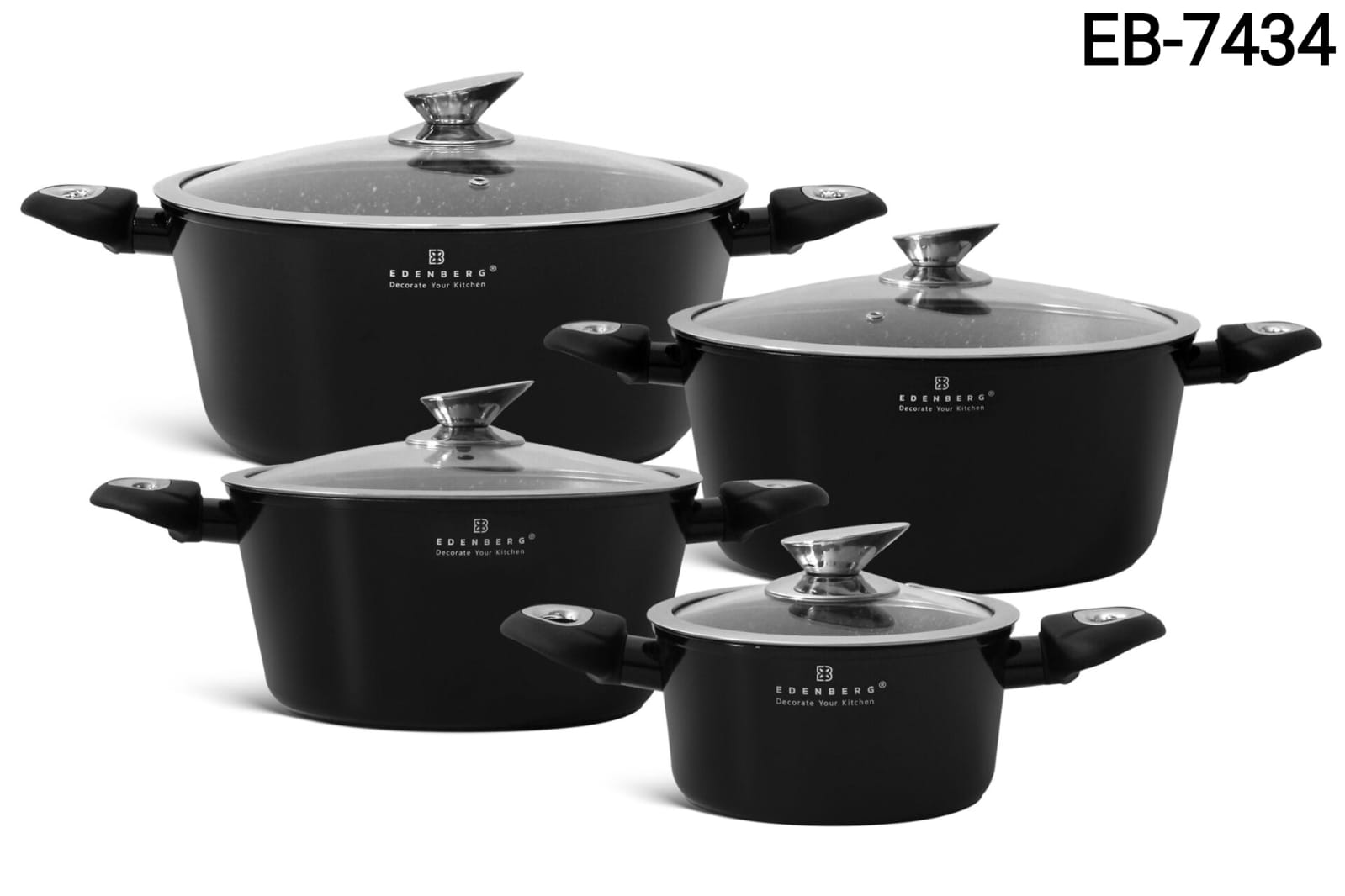 8pcs Black Edenberg  nonstick cookware set
Ergonomic & Heat-Resistant Handles: Comfortable and safe grip.
Versatile Compatibility: Works on induction, gas, and electric stovetops.