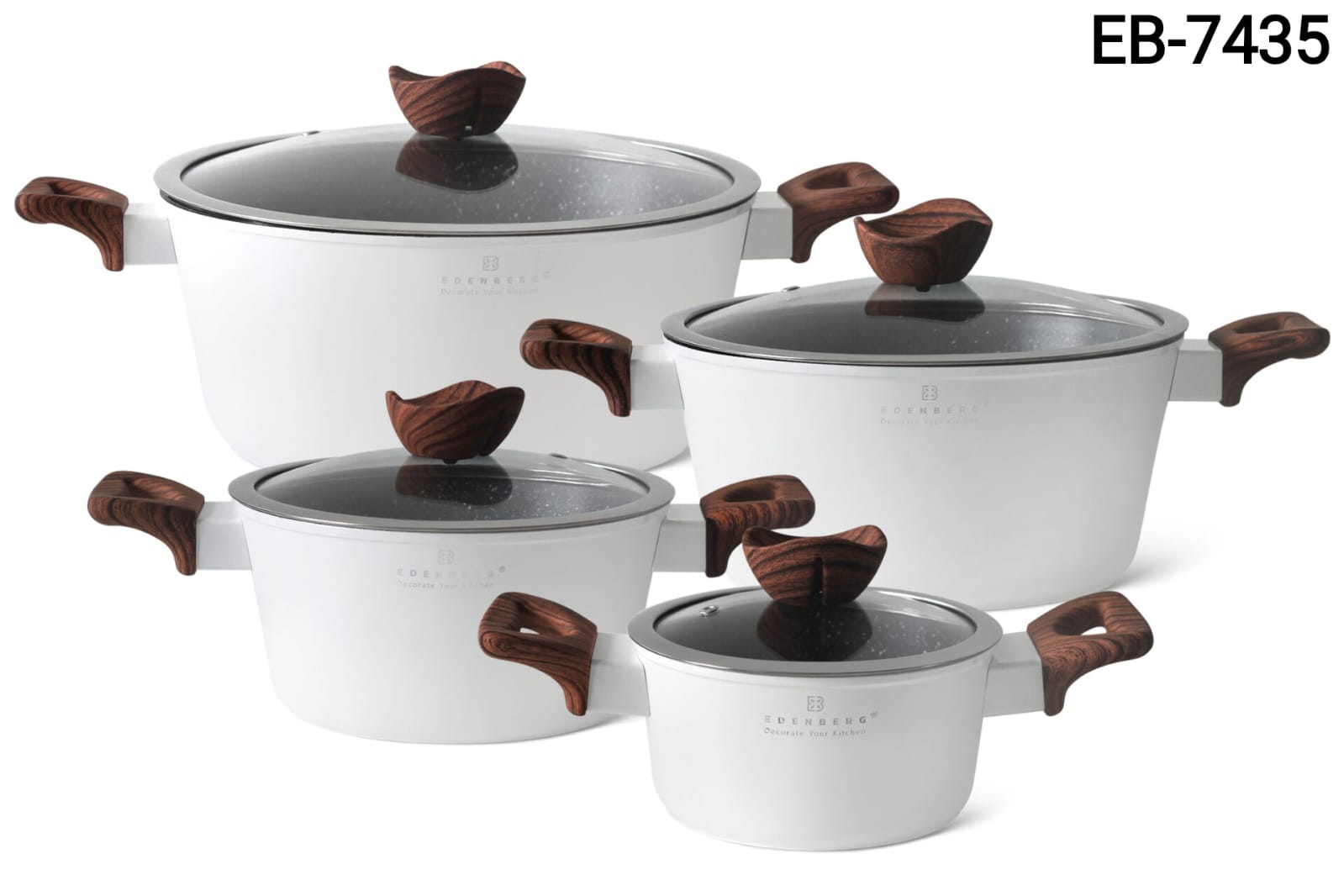 8pcs White Edenberg  nonstick cookware set 
Ergonomic & Heat-Resistant Handles: Comfortable and safe grip.
Versatile Compatibility: Works on induction, gas, and electric stovetops.
Easy to Clean