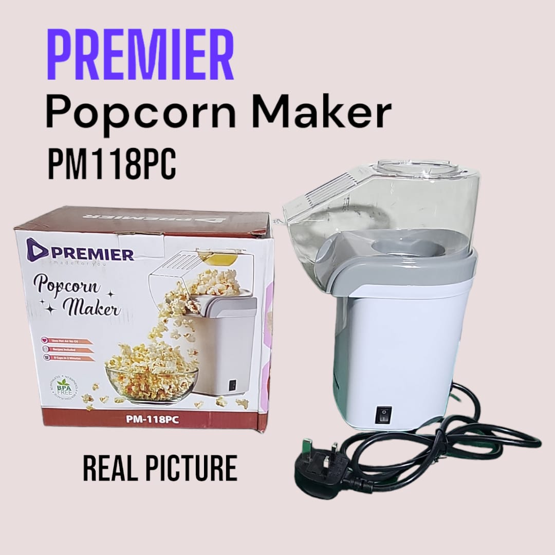 PM118PC PREMIER POPCORN MAKER. ❤ Uses Hot Air No Oil
    8 Cups in 2 Minutes
     Pops Loose Kernels
     Power: 1200 Watts 
     Butter Melting Tray
      Measuring Scoop included
      Easy to Clean