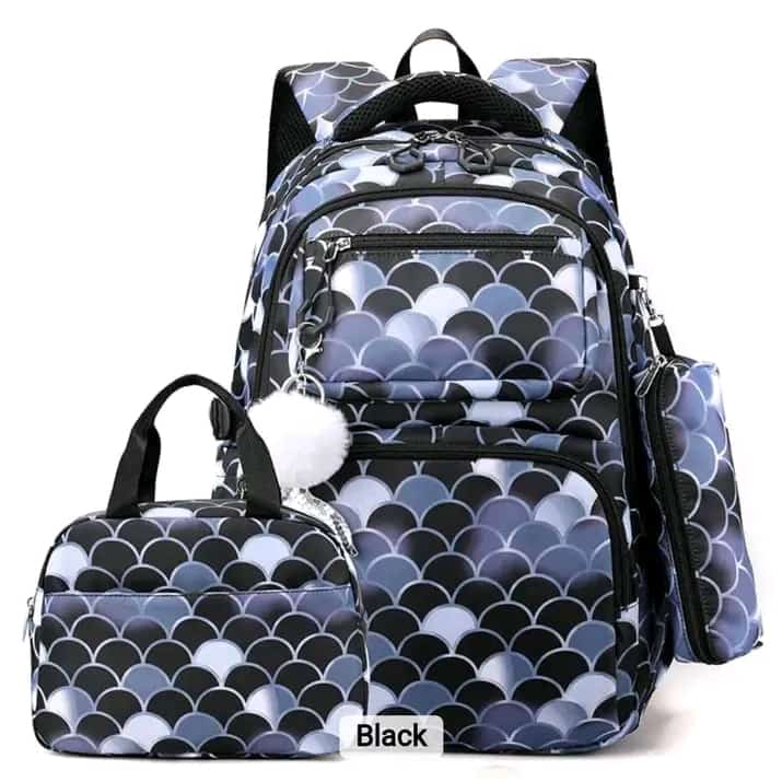 High quality fabric school bag with Insulated lunch bag and pencil pouch 
Grade 5 to 12  Sturdy and Durable 
Water and wear resistance material