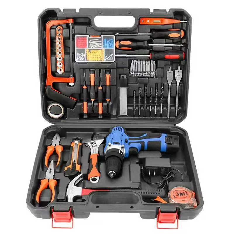 Tool Box kit consists of a  Impact Drill with drill bits of various sizes and types, it includes a number of screw drivers of different sizes, hacksaw,a measuring tape, a hammer and others