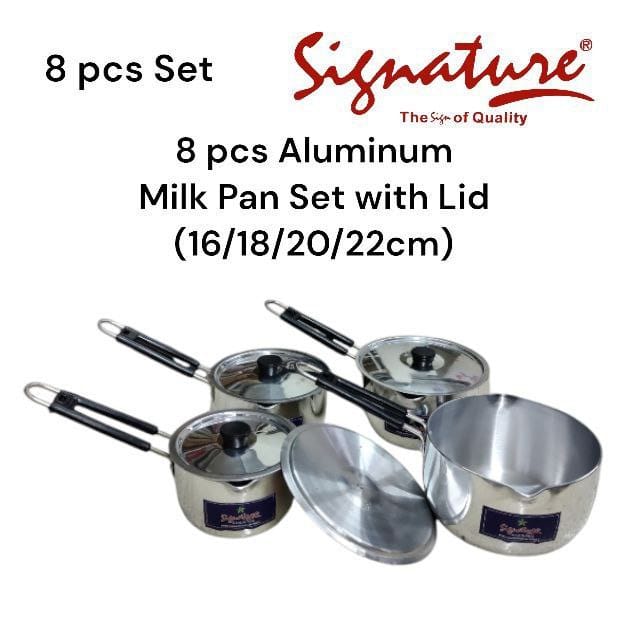 8 pcs Aluminium Sauce Pan with Lid 
(16/18/20/22cm)
    durable
    stainless
    Nonstick
    cost friendly
    purposeful
    luxurious