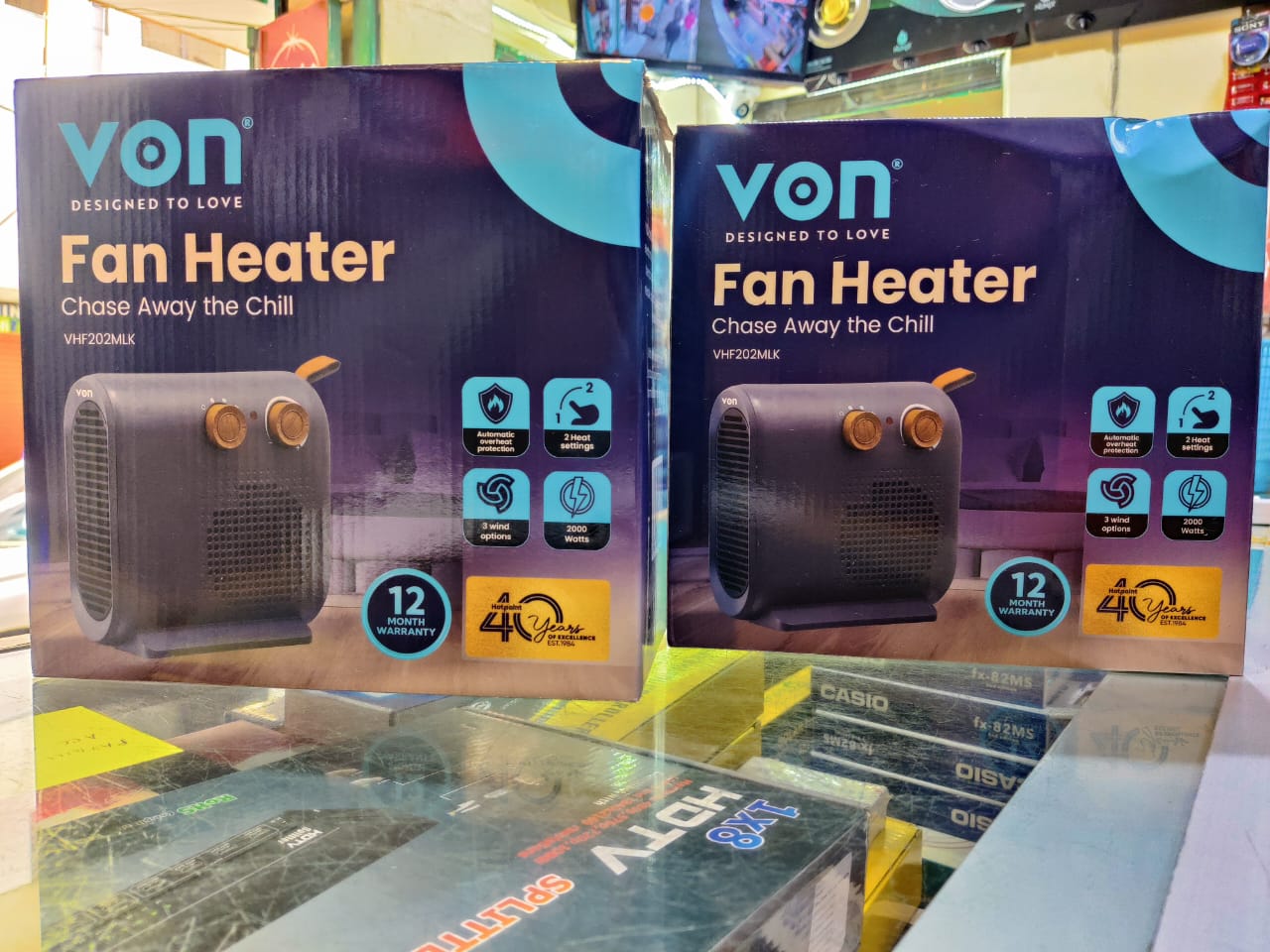 Von VHF202MLK Fan Heater, 2000W - Black with 2 heat settings 1000W/2000W Adjustable thermostat