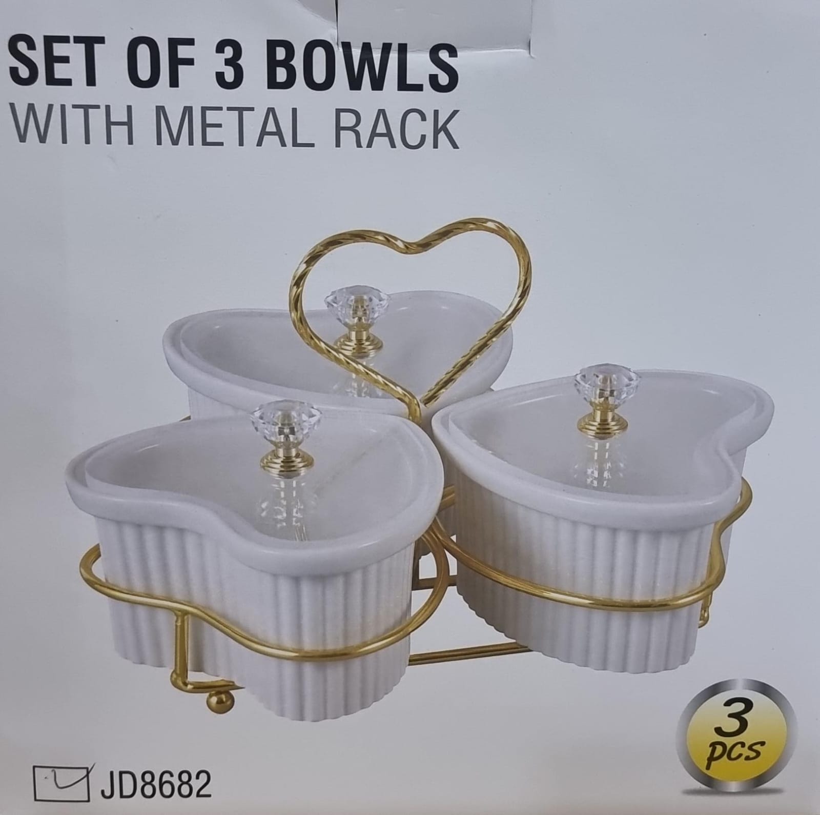 New arrivals❗❗
JD8682 Set of 3 Ceramic Love Shape Sugar Bowls Acrylic Lids on Gold Metal Rack