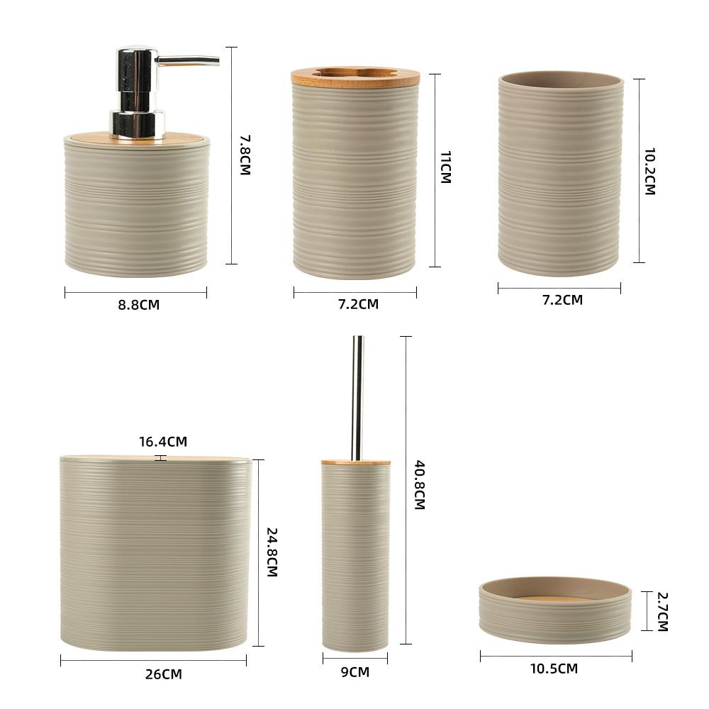 6pcs Bathroom accessories set
🏷Includes:toothbrush holder cup,liquid soap dispenser, soap dish, trash can, toilet brush,tumbler  and toilet brush holder
🏷Elegant design
