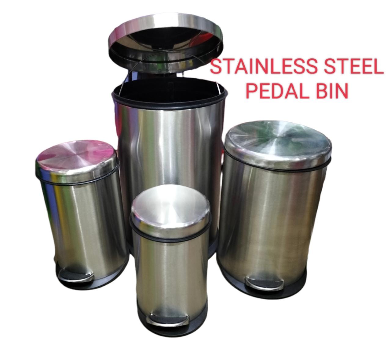 Stainless steel heavy duty pedal bin Round shape fits in corners, against the wall 
Long Lasting Stainless Steel