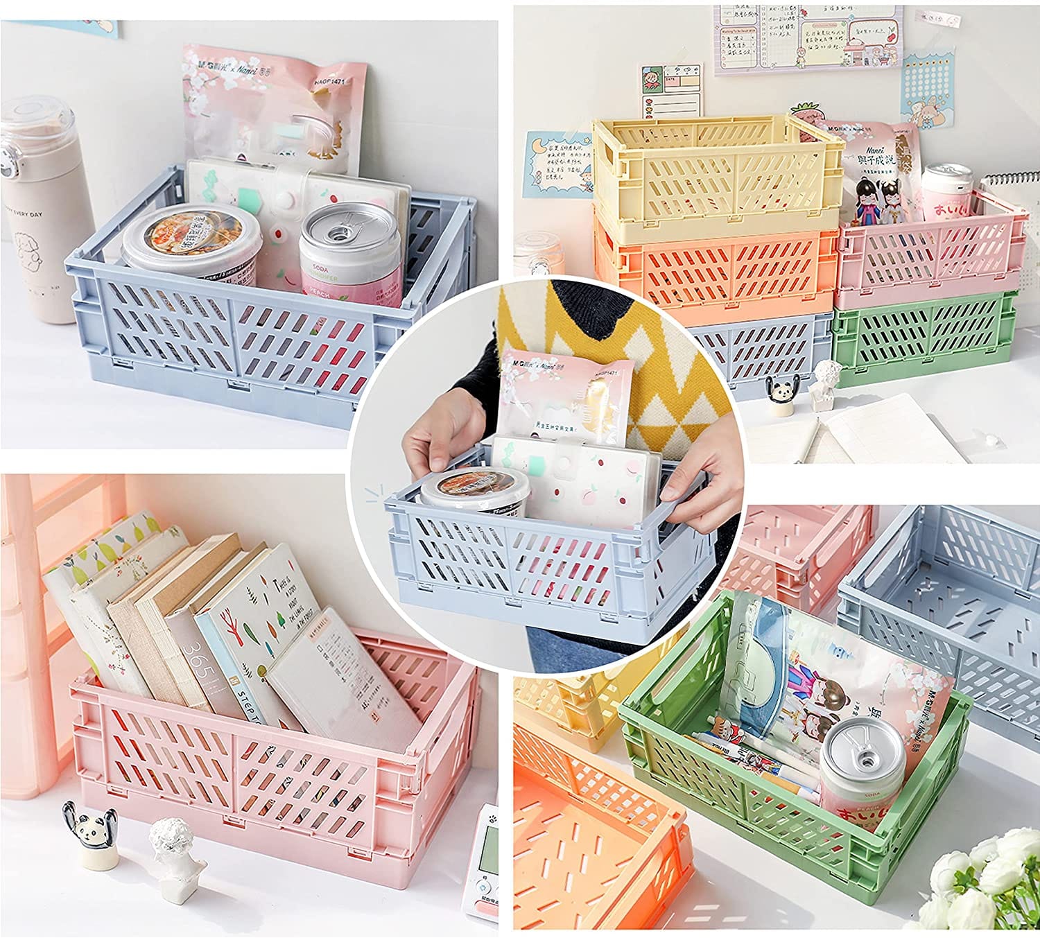 space saving detachable Foldable basket  Available in 4 colours- green peach blue n cream
size 25x16.5x10cm
