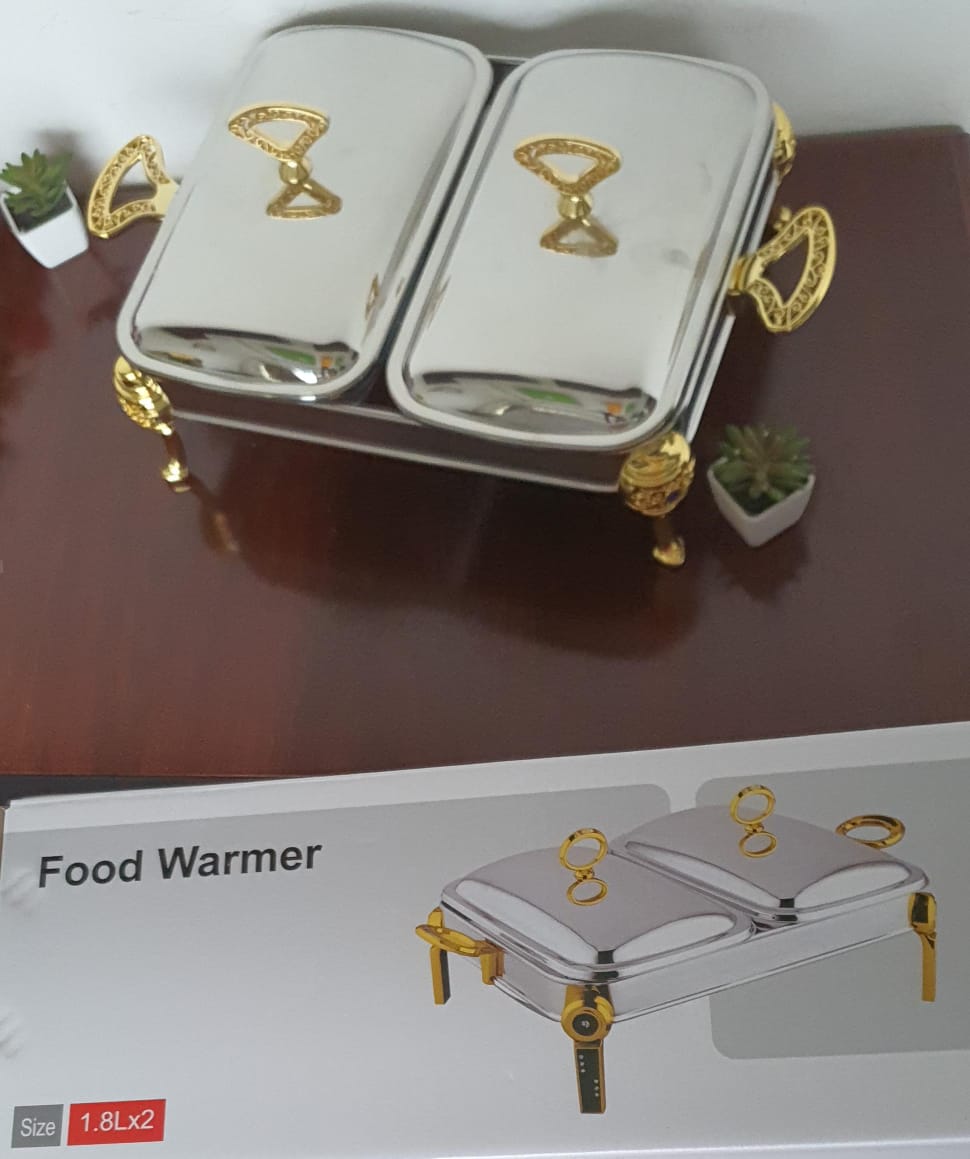 New arrival🌯

Golden double bowl 1.8Lx2 food warmer;  glass bowls;  stainless steel cover with golden parts; fixed double burner
