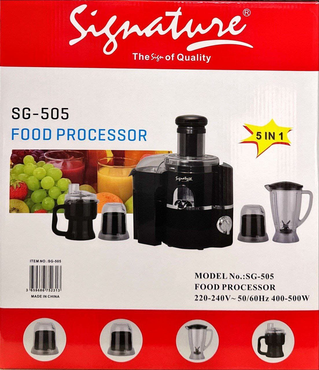 Signature Multifunctional,Strong 5 In 1 Food Processor /Blender/Juicer/Grinder  (500W) 
SG - 505