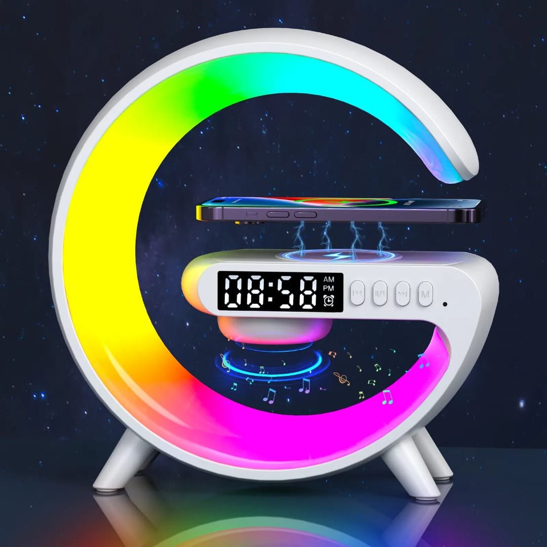 G-Wireless Charger/ Lamp led alarm table/Bluetooth Speaker
➖Port: Type C
➖Wireless Output: 5W/7W/9W
➖Led Power: 3W
➖Speaker Power: 3W
➖Function: White noise machine, Wireless charger,  Blue tooth Spea