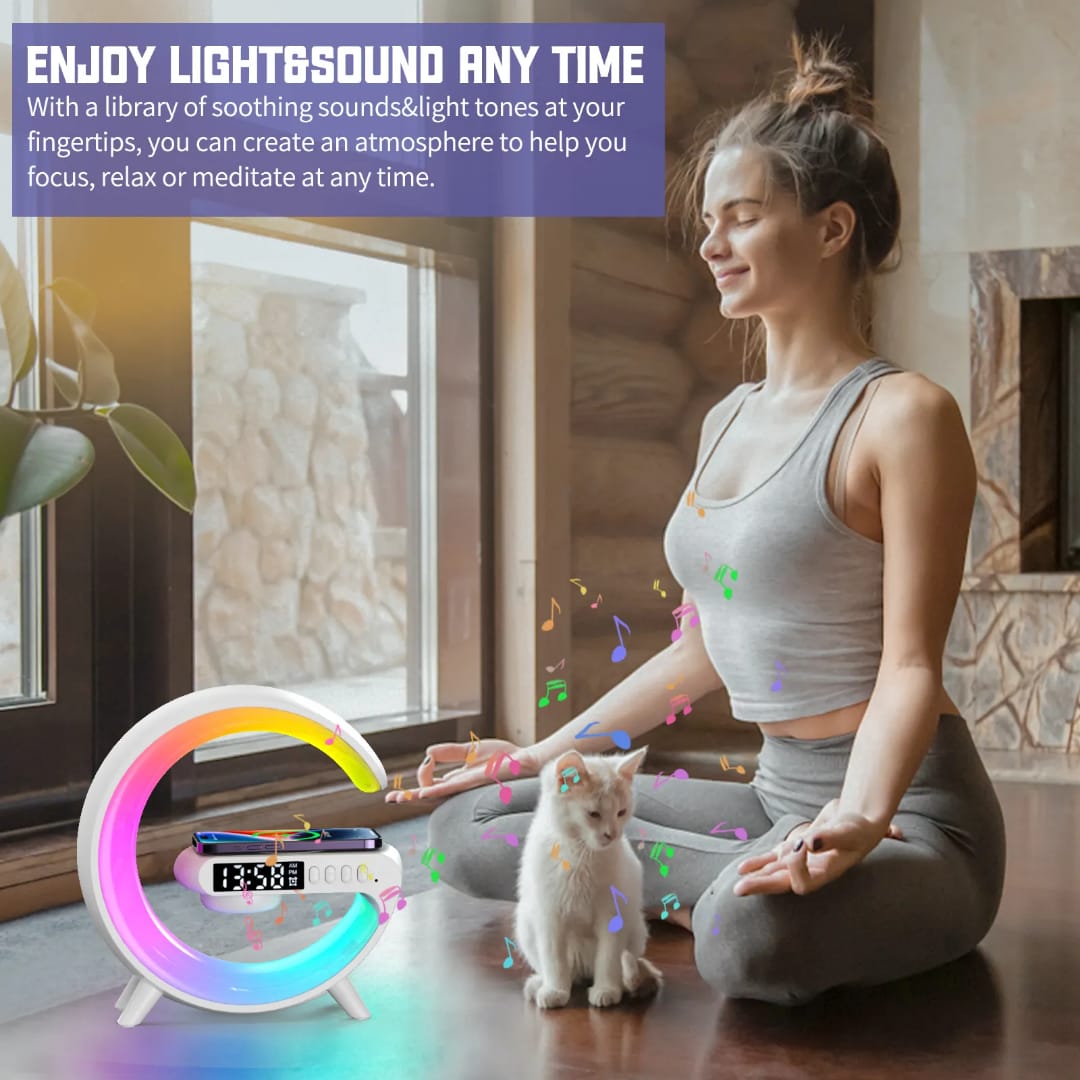 G-Wireless Charger/ Lamp led alarm table/Bluetooth Speaker
➖Port: Type C
➖Wireless Output: 5W/7W/9W
➖Led Power: 3W
➖Speaker Power: 3W
➖Function: White noise machine, Wireless charger,  Blue tooth Spea