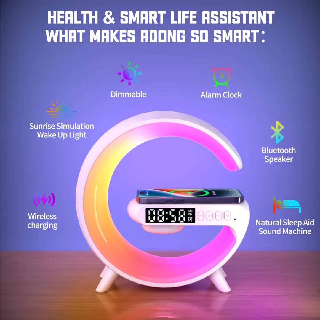 G-Wireless Charger/ Lamp led alarm table/Bluetooth Speaker
➖Port: Type C
➖Wireless Output: 5W/7W/9W
➖Led Power: 3W
➖Speaker Power: 3W
➖Function: White noise machine, Wireless charger,  Blue tooth Spea