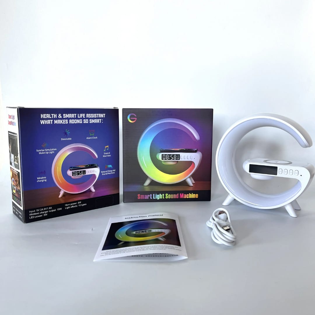 G-Wireless Charger/ Lamp led alarm table/Bluetooth Speaker
➖Port: Type C
➖Wireless Output: 5W/7W/9W
➖Led Power: 3W
➖Speaker Power: 3W
➖Function: White noise machine, Wireless charger,  Blue tooth Spea