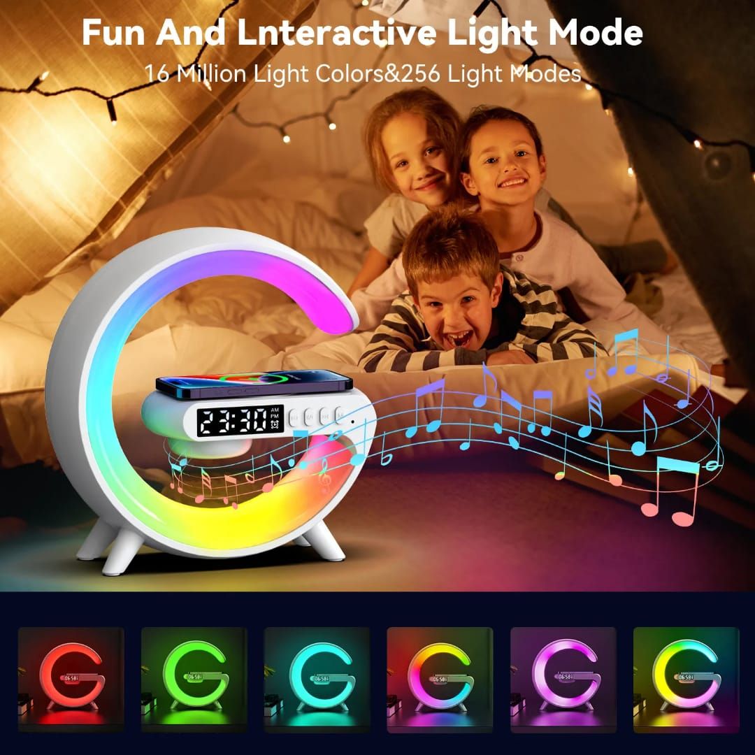 G-Wireless Charger/ Lamp led alarm table/Bluetooth Speaker
➖Port: Type C
➖Wireless Output: 5W/7W/9W
➖Led Power: 3W
➖Speaker Power: 3W
➖Function: White noise machine, Wireless charger,  Blue tooth Spea