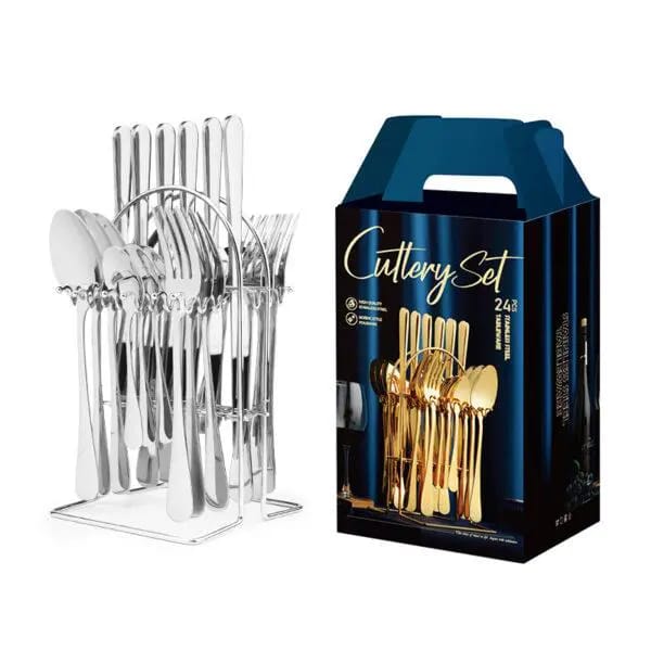silver color 24Pcs Cutlery Set/ Silverware Set With Storage Rack Stainless Steel Durable & Affordable 6x Dinner Knives 6x Dinner Forks 6x Dinner Spoons 6x Tea