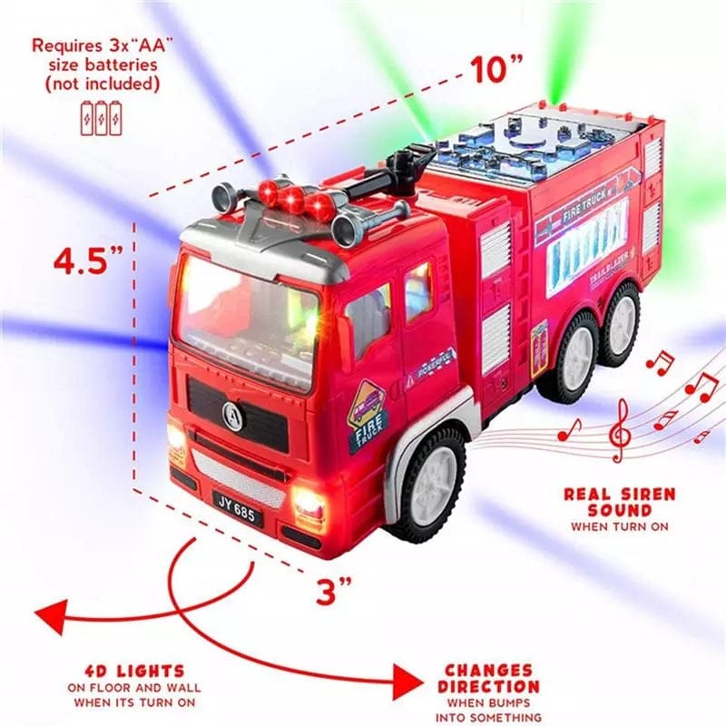 Electric Fire Truck Kids Toy - with Bright Flashing 4D Lights & Real Siren Sounds | Bump and Go Firetruck for Boys