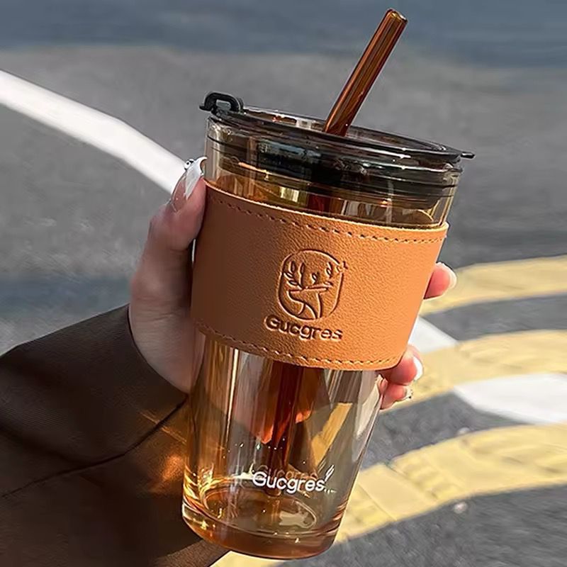 Glass Cups With Cover+Straw+Leather Sleeveand，Reusable Boba Bottle, Iced Coffee Glasses, Travel Tumbler For Bubble Tea