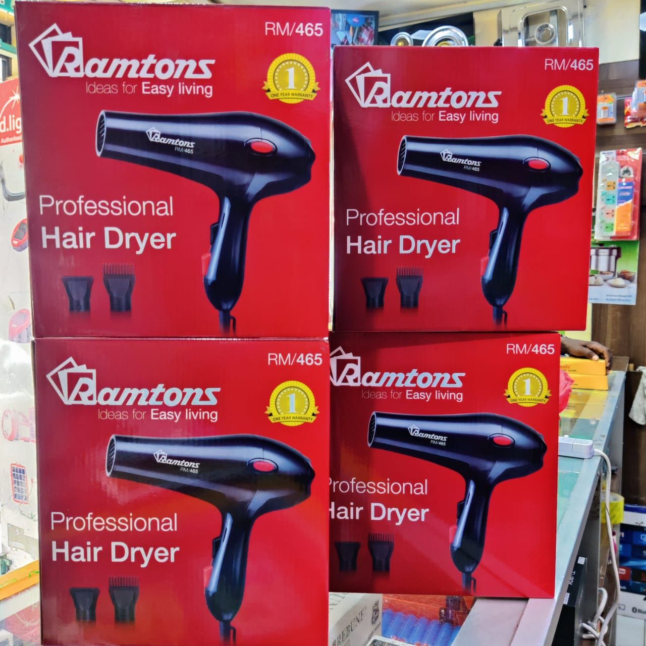 Ramtons RM/465-Professional Hair Dryer 1800W- Black .Professional long life AC motor. 1800 W 220-240V 50Hz 2 Speed settings. 3 Heat settings. Removable filter cover.