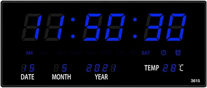 Digital Wall Clock 4 Alarms Hourly Chiming Temperature Calendar Table Clocks Plug Large 16” Screen for Easy Reading
Displays Days, Date, and Indoor Temperature