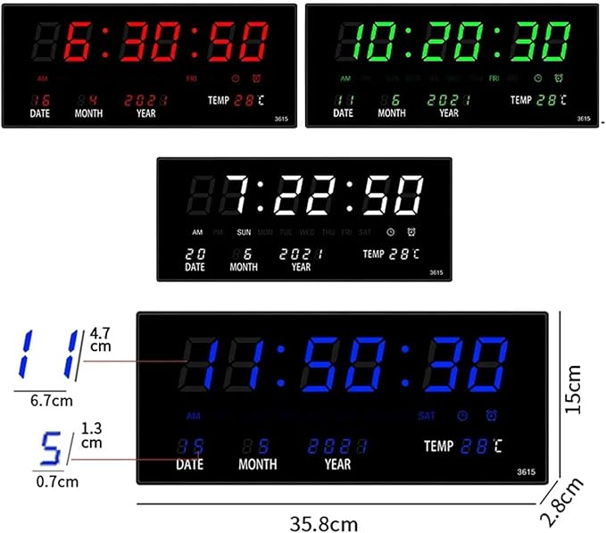Digital Wall Clock 4 Alarms Hourly Chiming Temperature Calendar Table Clocks Plug Large 16” Screen for Easy Reading
Displays Days, Date, and Indoor Temperature