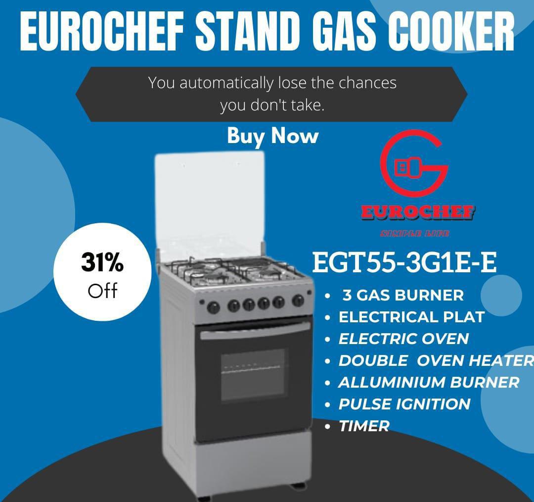 Eurochef(50*55) 3+1 Standing Cooker, Heavy duty burner glass lids, Push Button Auto-ignition, Separate control knobs (top & bottom) for the oven, Oven lamp, Baking tray & Wire shelf