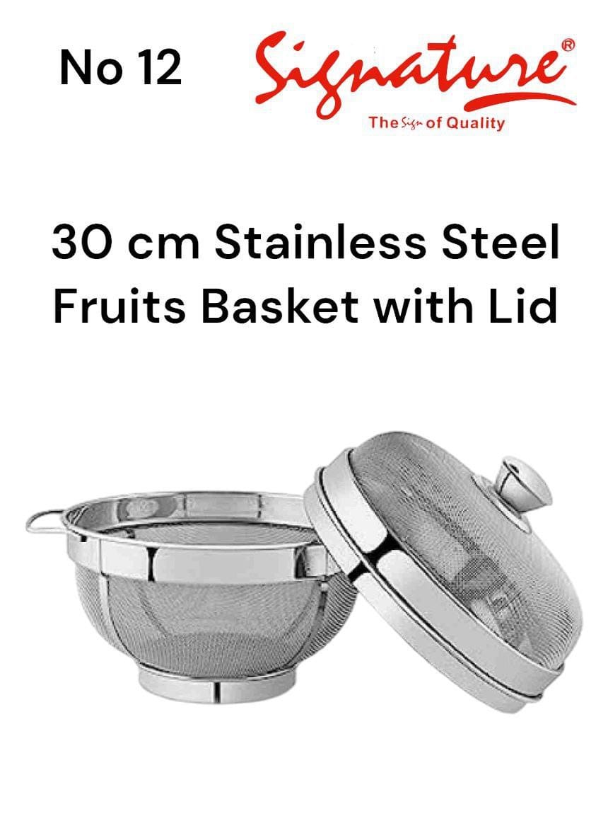 No 12 (30cm) Stainless Steel Multipurpose Fruit Basket with Lid  for Fruits and Vegetables | Durable Net Cover | Dining Table Accessories