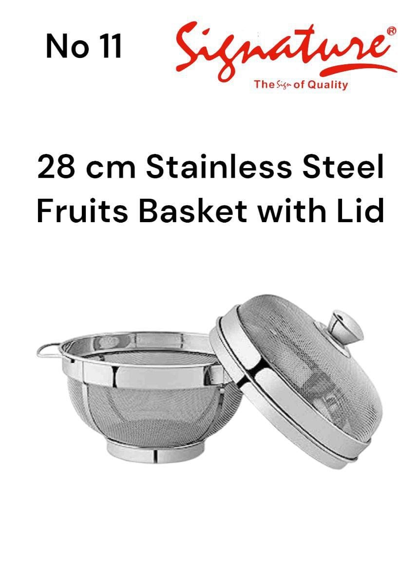 No 11 (28cm) Stainless Steel Multipurpose Fruit Basket with Lid for Fruits and Vegetables | Durable Net Cover | Dining Table Accessories