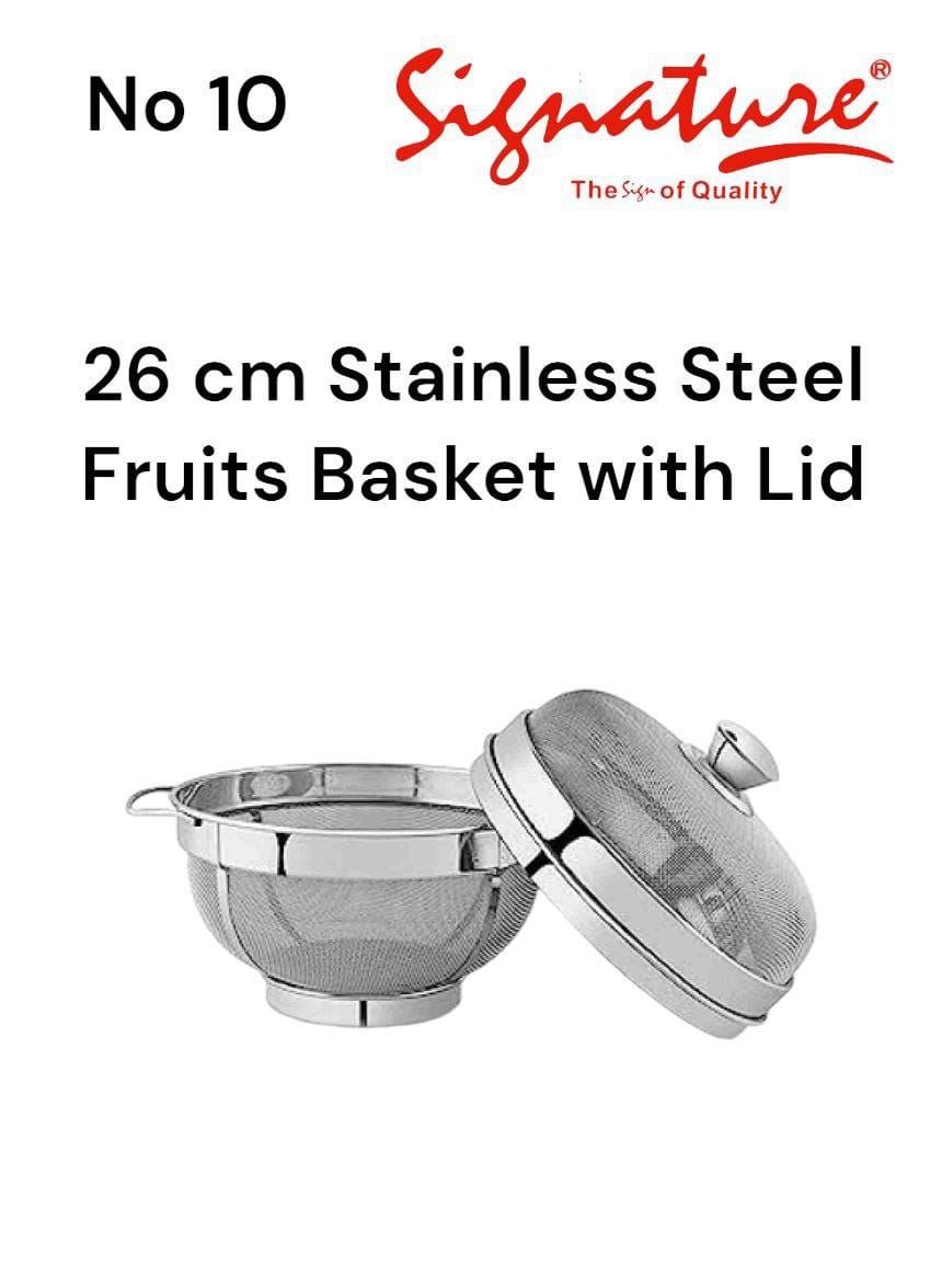 No 10 (26cm) Stainless Steel Multipurpose Fruit Basket with Lid  for Fruits and Vegetables | Durable Net Cover | Dining Table Accessories