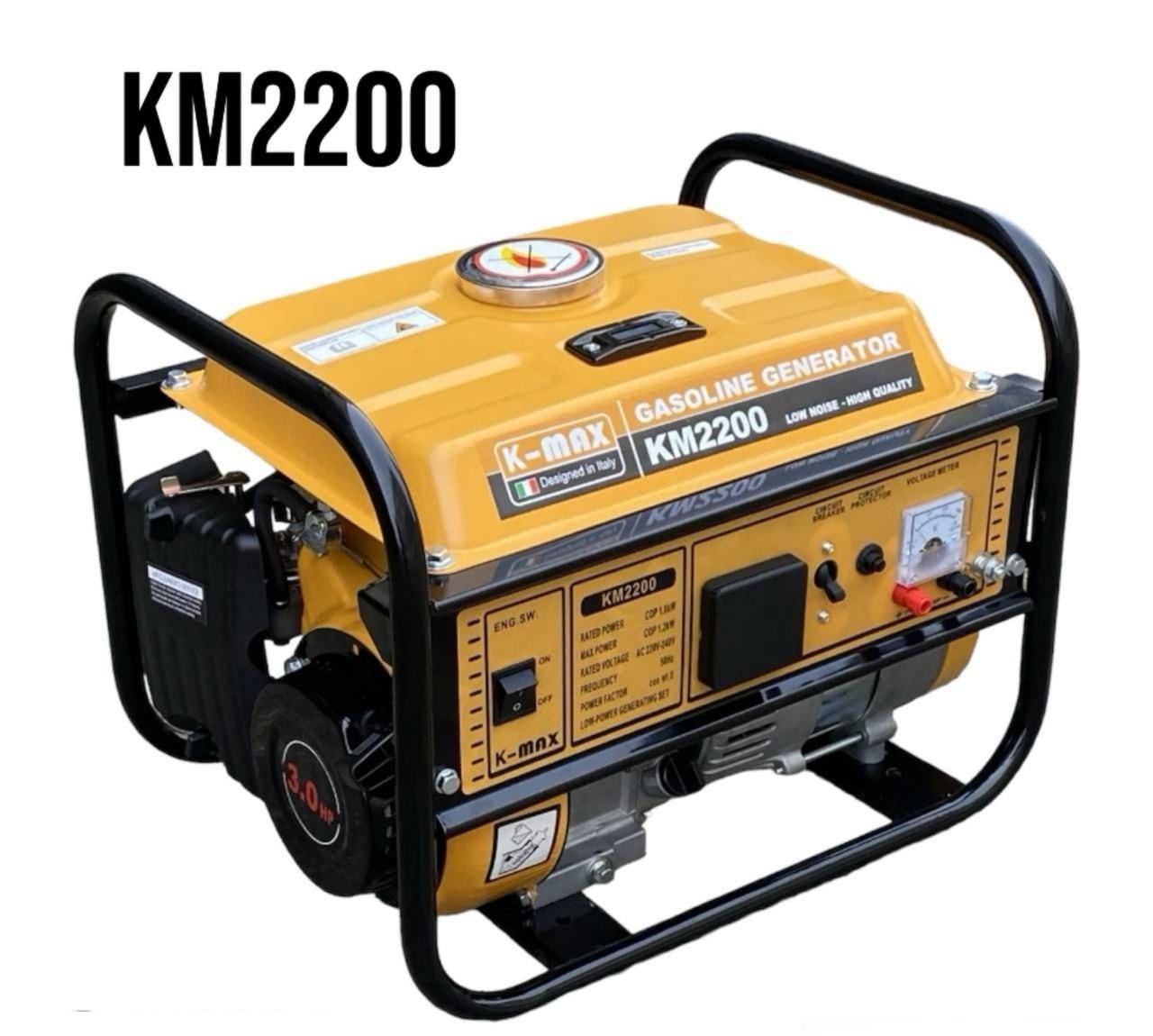 KMAX KM2200 Low Noise High Quality Gasoline Generator  Equipped with multiple outlets, including standard household (AC), industrial (twist-lock), and DC charging ports
