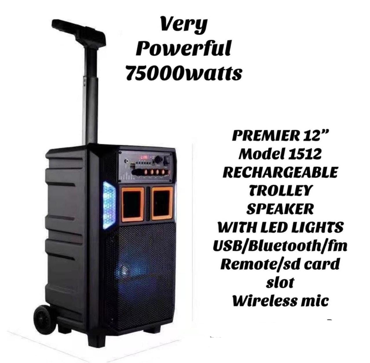 Single Classy Brand-New High Quality Stylish and Elegant Premier 12" Model 1512 Rechargeable Trolley Speaker with LED Lights USB/Bluetooth/FM remote/wireless mic