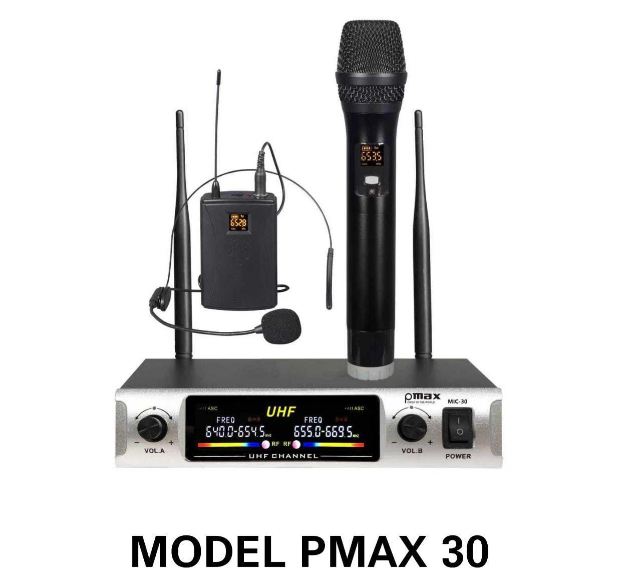 Pmax wireless microphone model pmax 30     Multi-channel high band anti-interrupting wave receiver
    it has no feedback and noise
    150-meter range