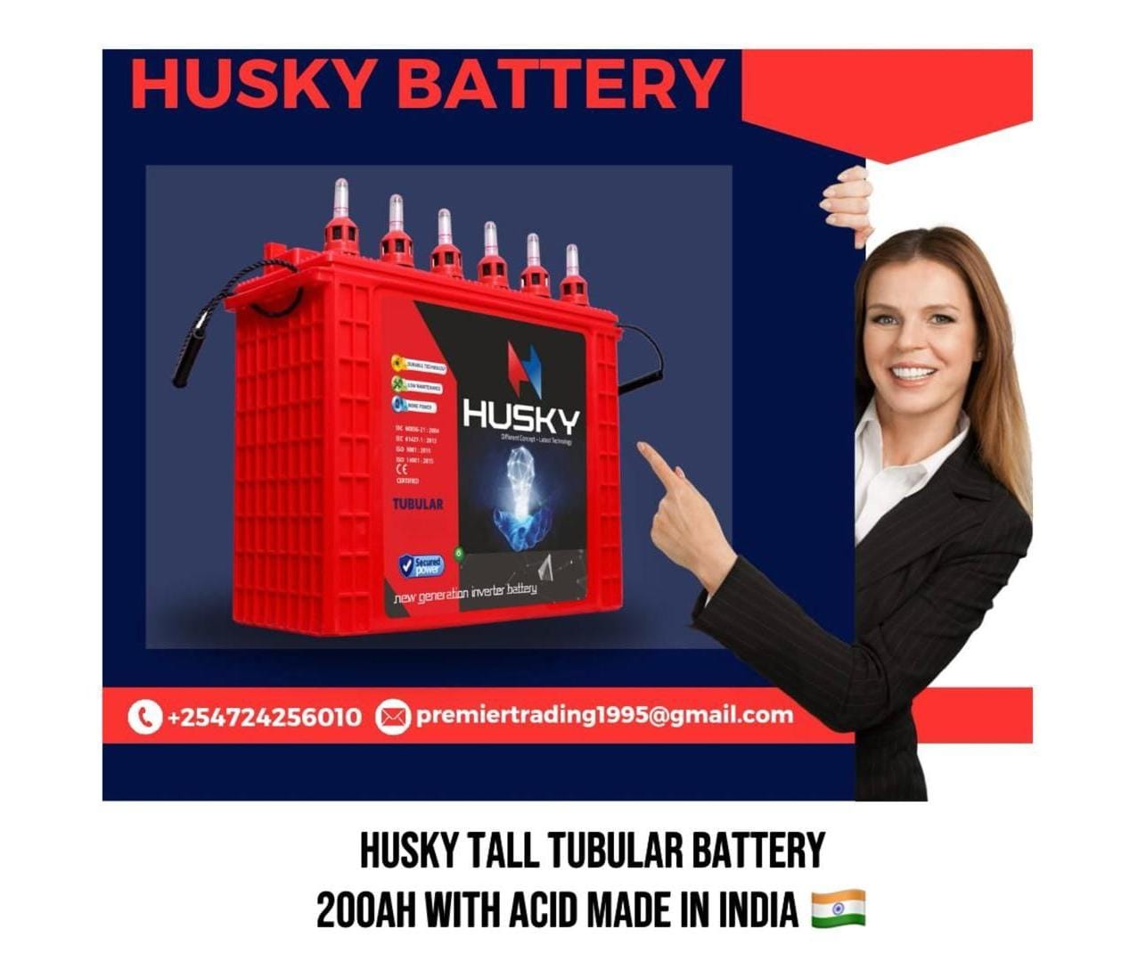 Husky tall tubular battery 200ah with acid made in India   Ensure a continuous power supply, even during power outages