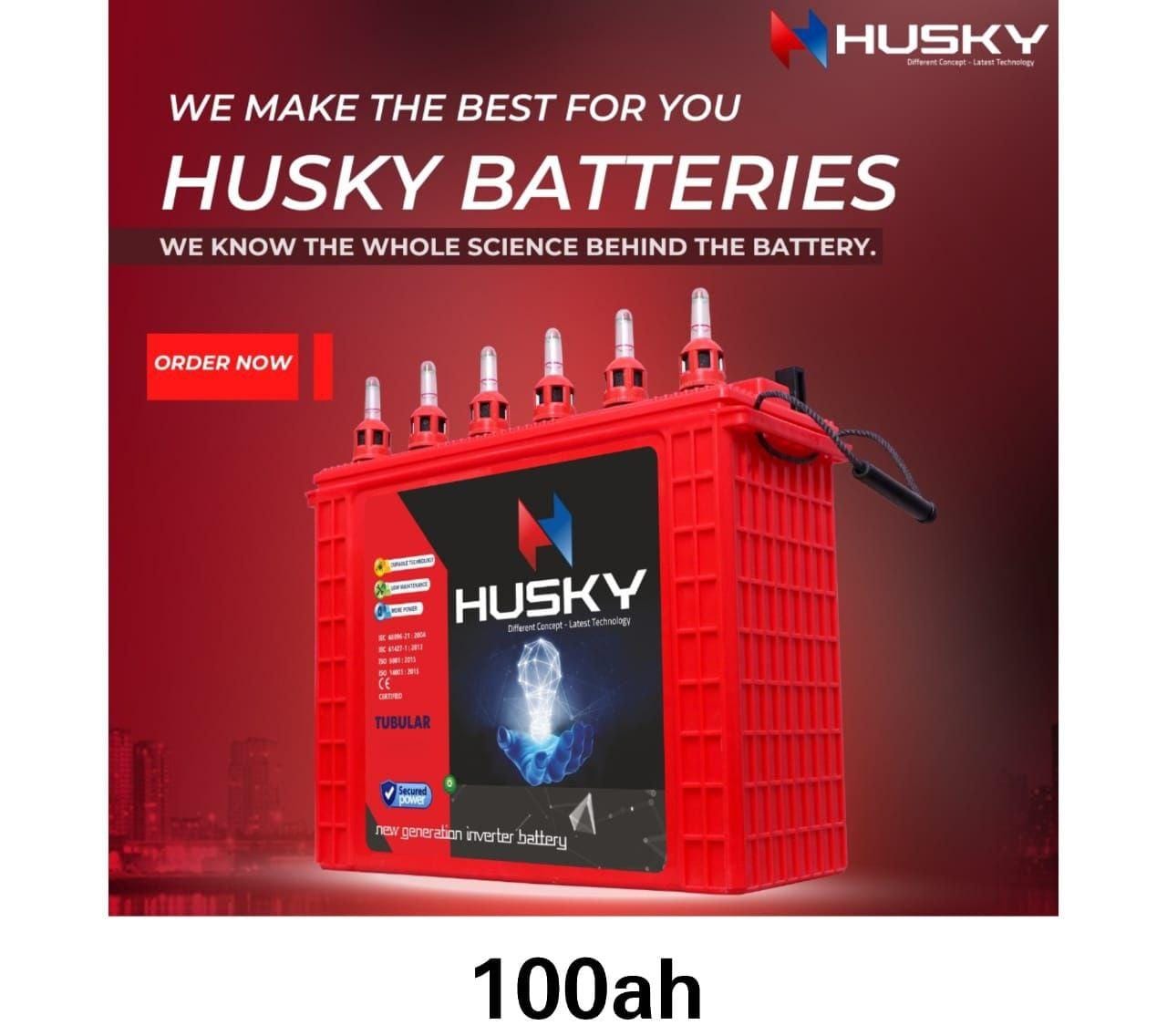 Husky tall tubular battery 100ah with acid made in India Ensure a continuous power supply, even during power outages.