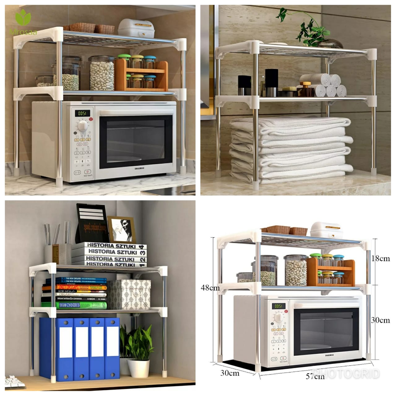 Multipurpose 2 layer RackMeasurements 49cms*25cm*60cms
▪Material:Antirust spray steel material 
▪Usage: kitchen microwave stand,Bathroom organizer,Spice rack, book shelf,shoe rack