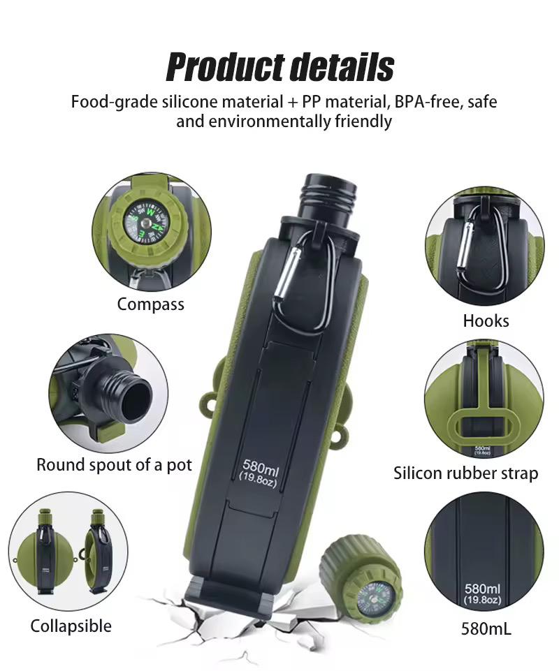 1PCS Foldable Silicone Water Bottle with Compass Retractable Portable Design For Camping Hiking Outdoor Adventures Leakproof
Capacity 580mls