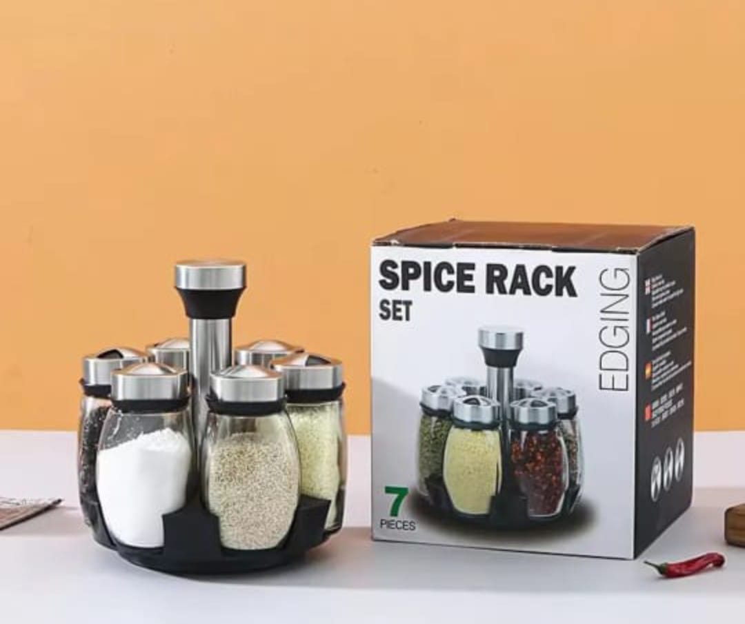 HIGH QUALITY 7pc Rotating Spice Rack Set OT-020 — a sleek, space-saving solution for your favorite flavors! ✨ 6 elegant 100ml glass jars