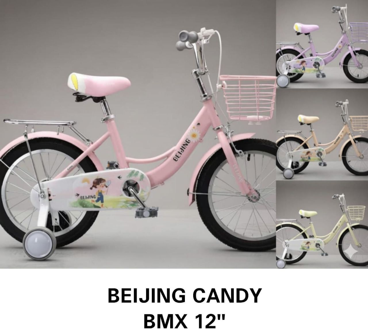 Beijing Candy BMX 12" children's bicycle typically for ages 2-5 years old It is designed with a durable steel frame, training wheels, a front basket, and a full chain cover for safety